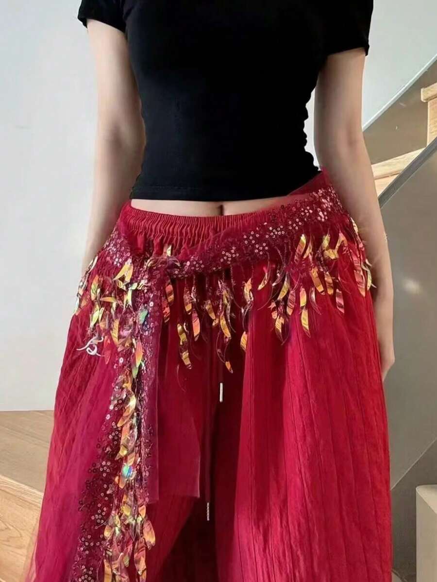 1pc Glitter Hip Scarf, Belly Dance Skirt, Jazz Dance Hip Scarf, Versatile Hiphop Waist Belt