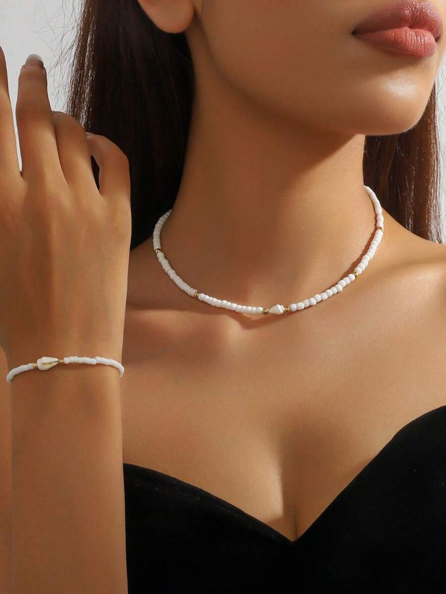 Conjunto de gargantilha curta minimalista + pulseira, conjunto de acessórios artesanais com contas de concha, estilo praiano, moderno e iluminador