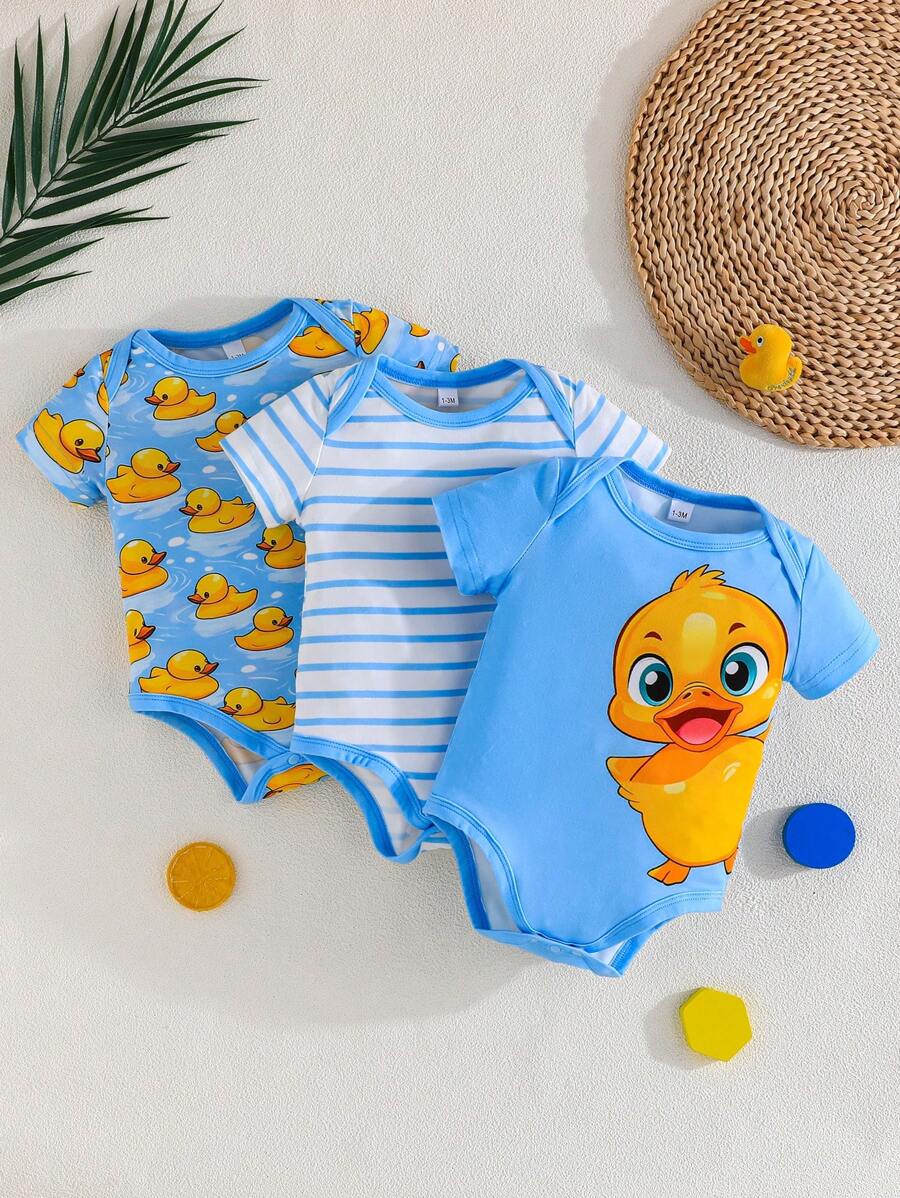 3pcs/Set Cute Duckling Print Baby Outdoor Casual Romper, Short Sleeve Snap-Up Triangle Bodysuits, Comfortable Easy-To-Wear Summer New Arrival