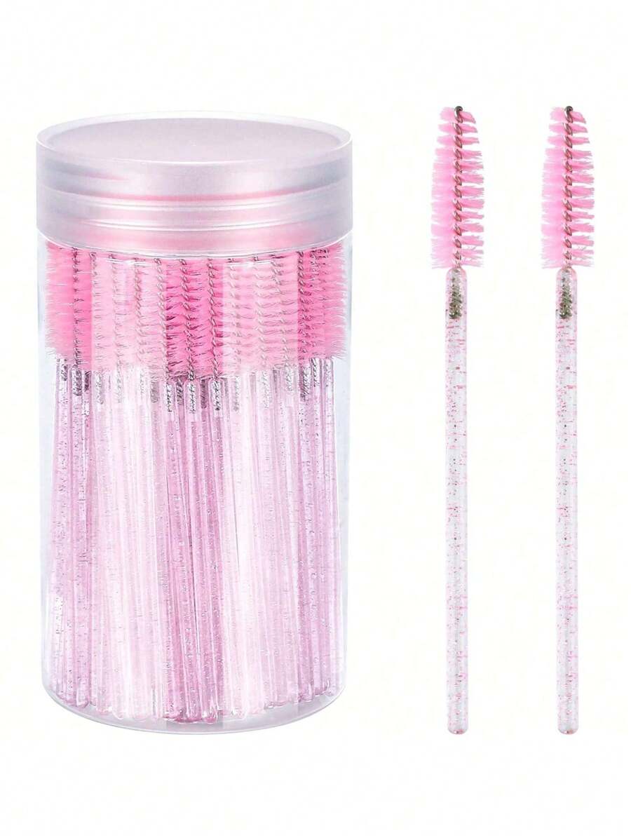 100PCS Eyelash Brushes, Mascara Wands With Container, Bendable Disposable Eyebrow Spoolies, Lash Brush For Lash Extensions, Eyebrow Spoolie, Castor Oil Brushes (Crystal Pink)