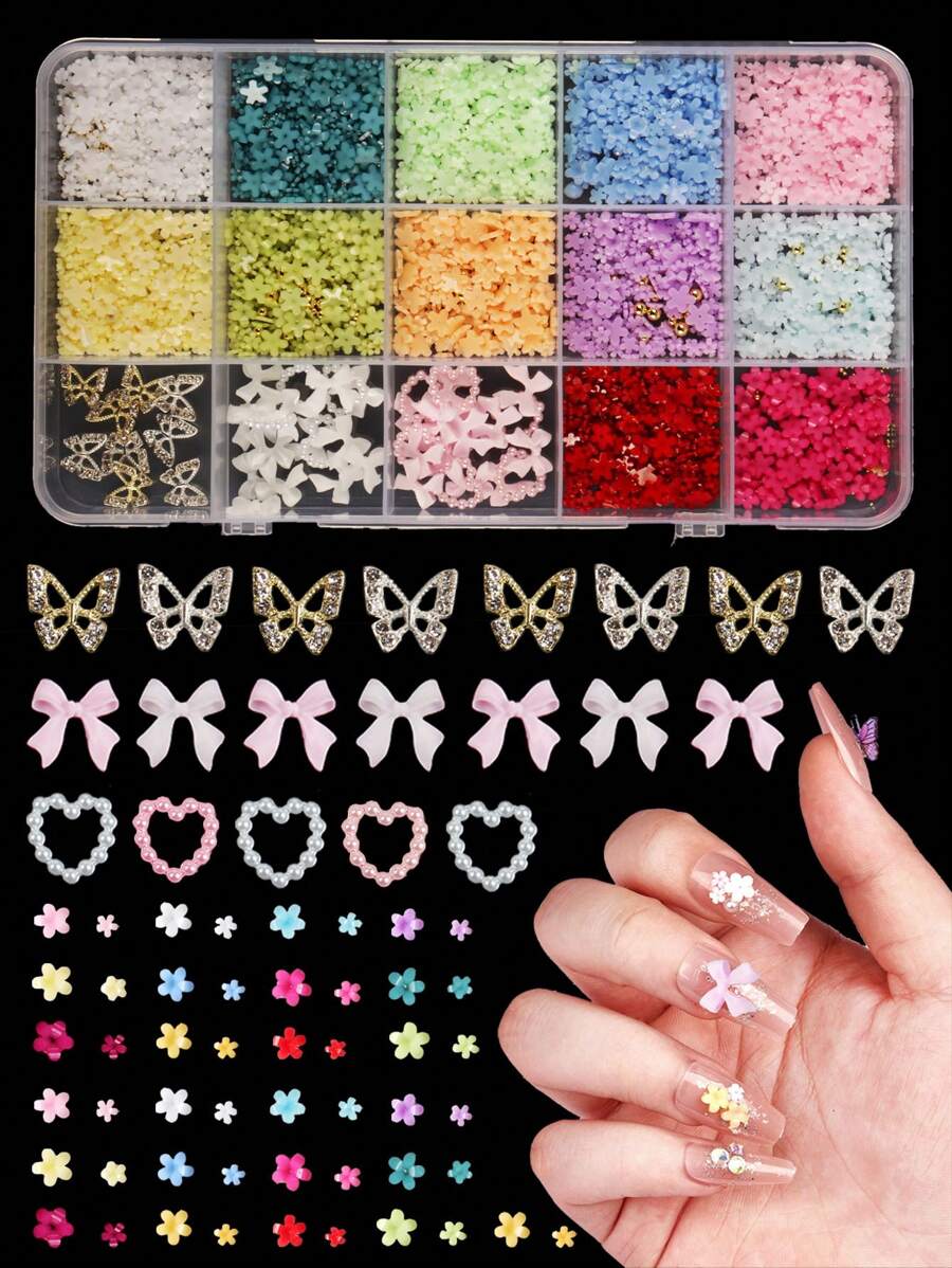 15 Grid 3D Acrylic Flower Y2K Nail Art Decoration, Mixed Size Colored Flowers Gold Steel Beads DIY Cute Sixtieth Nail Charm Kawaii Jewelry Accessories Nail Gemstones Nail Supplies, Jewelry Nail Accessories Nail Art Accessories. Alloy Hollow Butterfly