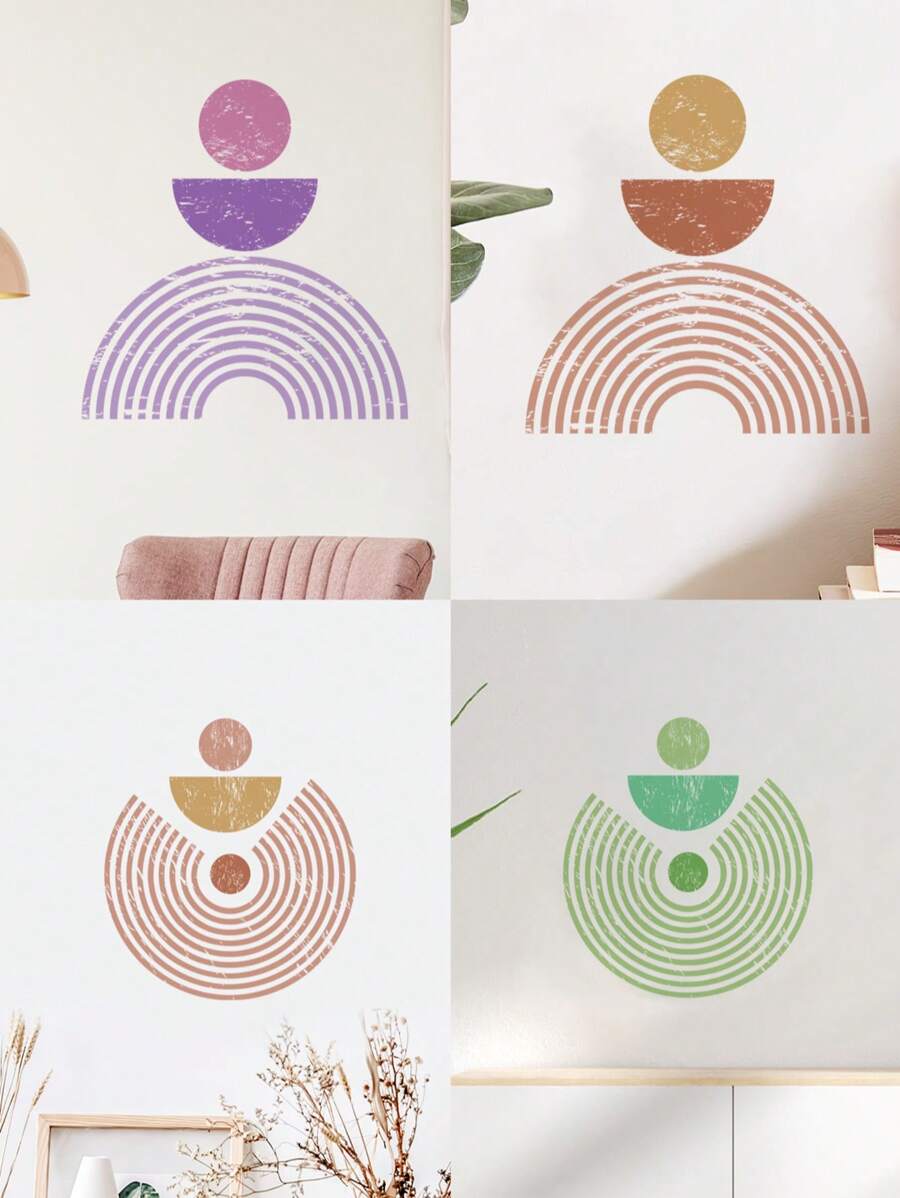 Boho Art Geometric Circle & Semi-Circle Surface & Line Abstract Art Wall Sticker, Plastic Waterproof, Detachable, Self-Adhesive, Easy Peel And Stick, Removable Abstract-Theme Home Art Decor