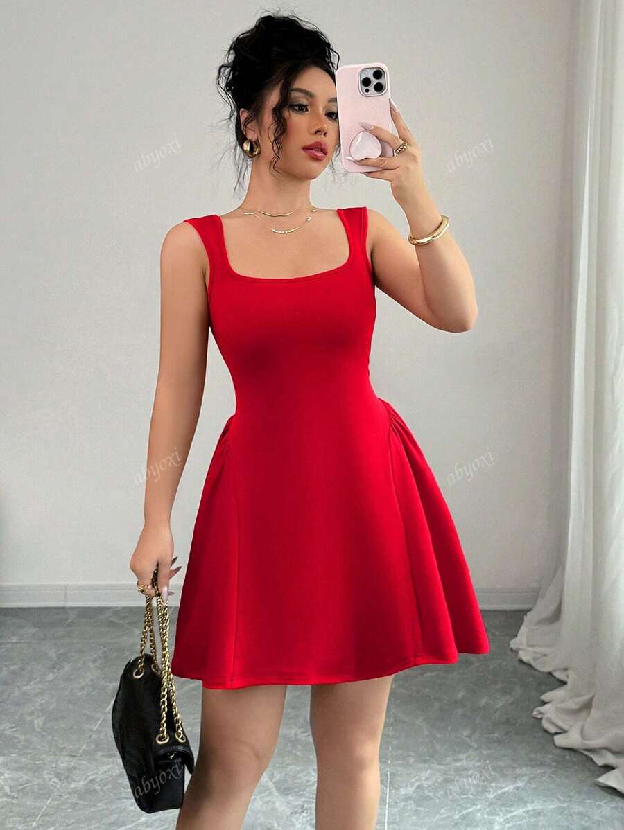 abyoxi Abito elegante e sexy rosso con scollo quadrato, senza maniche, a-line, per laurea, con dettaglio arricciato in vita, adatto per appuntamenti, shopping, laurea, feste, balli, primavera estate, nuovo abbigliamento da donna