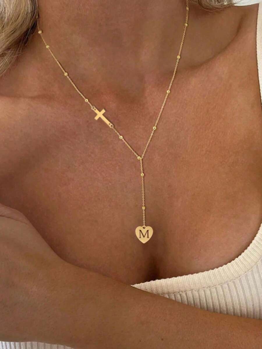 1pc 18K Gold Plated Stainless Steel Letter Elegance Heart Punk Cross Charm Chain Y Necklace, Minimalist 26 English Alphabet Pendant Necklace For Women, Mother's Day Gift, Girlfriend Gift