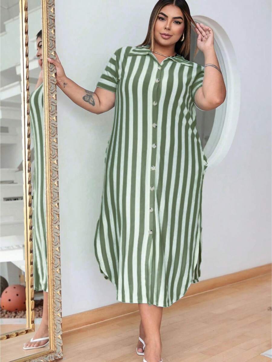 Plus Size Striped Long Chamise Dress – Style And Comfort In One Piece!