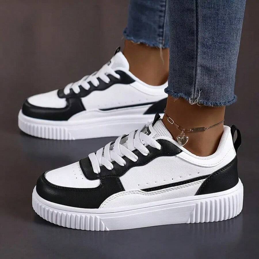Unisex Sneakers, Versatile Lace Up Low Top Shoes For Outdoor Sports, Walking, Black & White, Plus Size