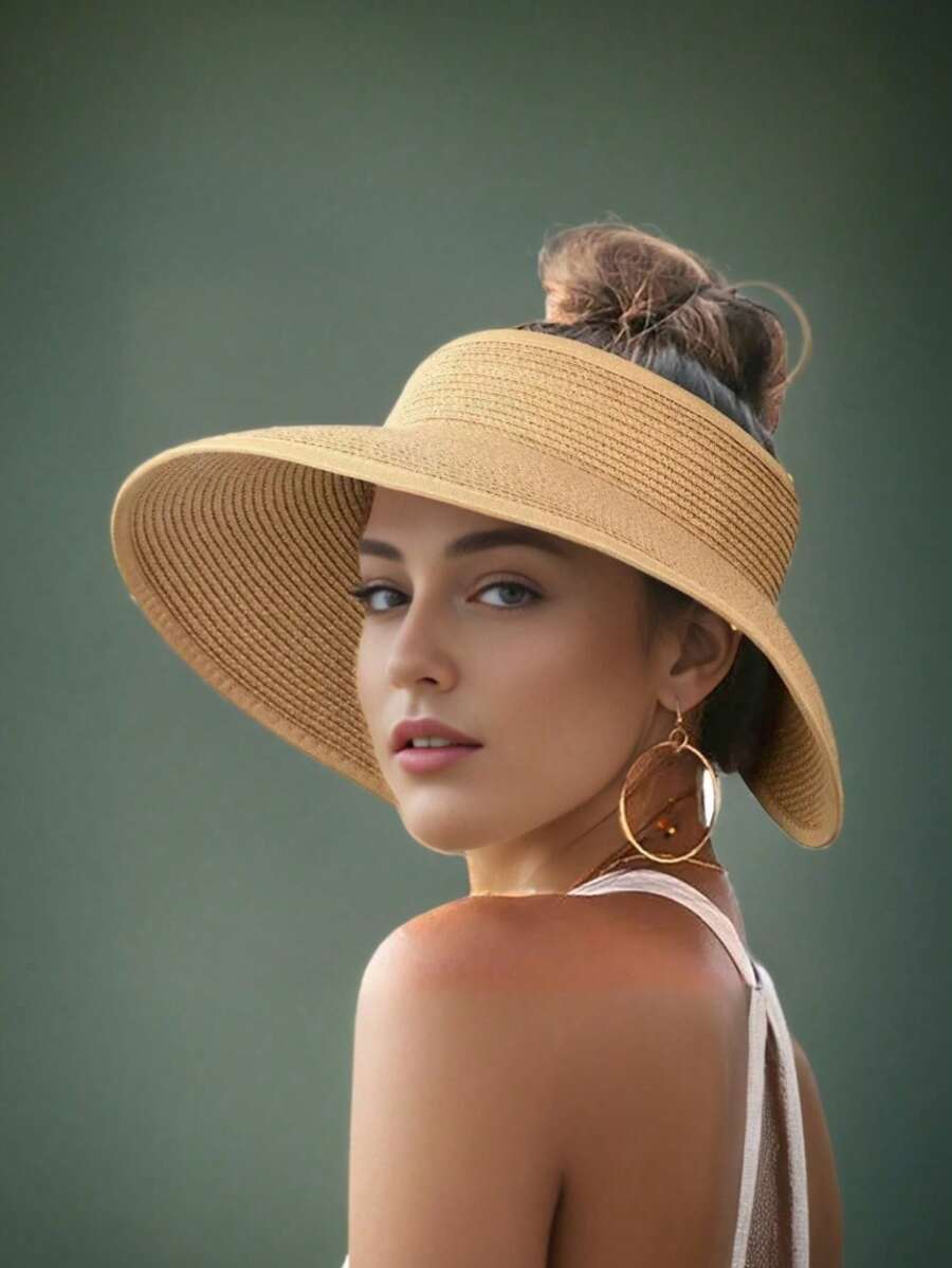 1 Stück Sonnenvisierhut für Frauen mit breiter Krempe, Strohhut mit Pferdeschwanzöffnung, Sommer-Strandmütze mit UV-Schutz, zusammenlegbar, faltbar, Reise-Boho