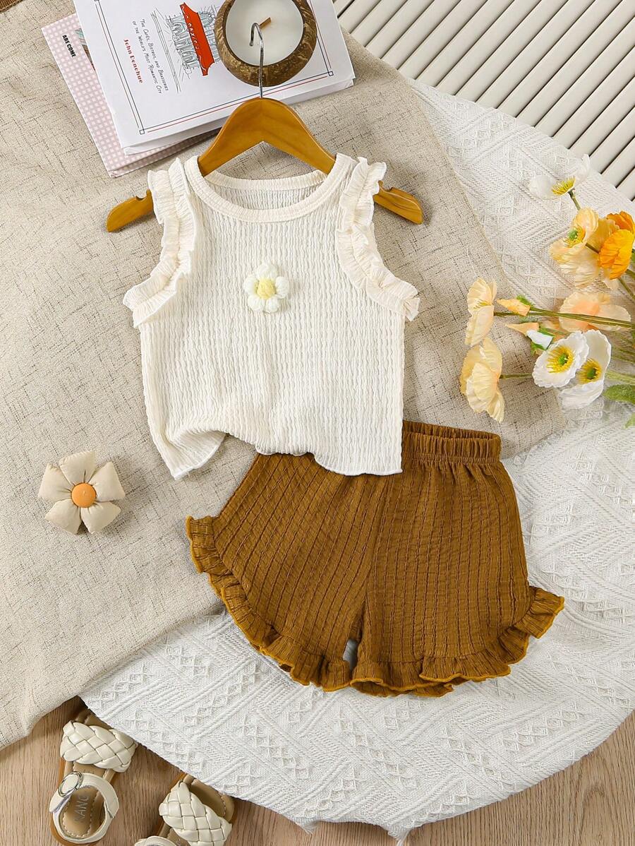 2 pezzi/Set Maglietta senza maniche con ricamo floreale e pantaloncini per bambine, outfit casual estivo