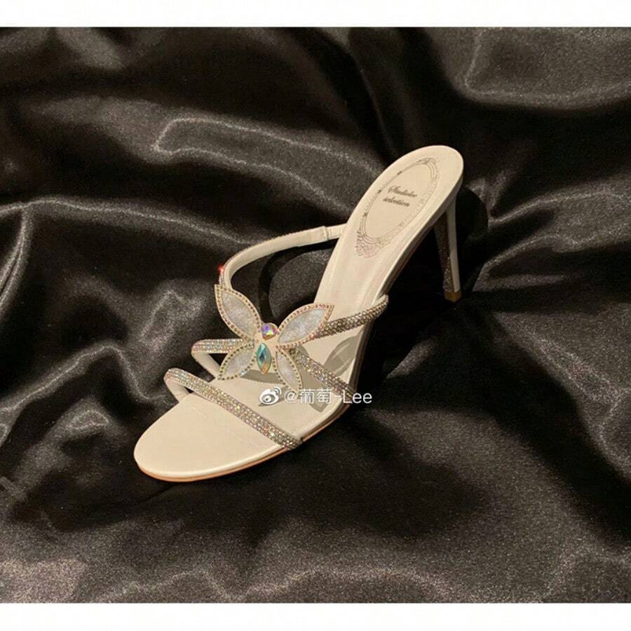 Sandali con tacco alto, cinturino singolo, fiocco incrociato, design scintillante francese, da donna, 2025, tacchi spessi, sandali eleganti