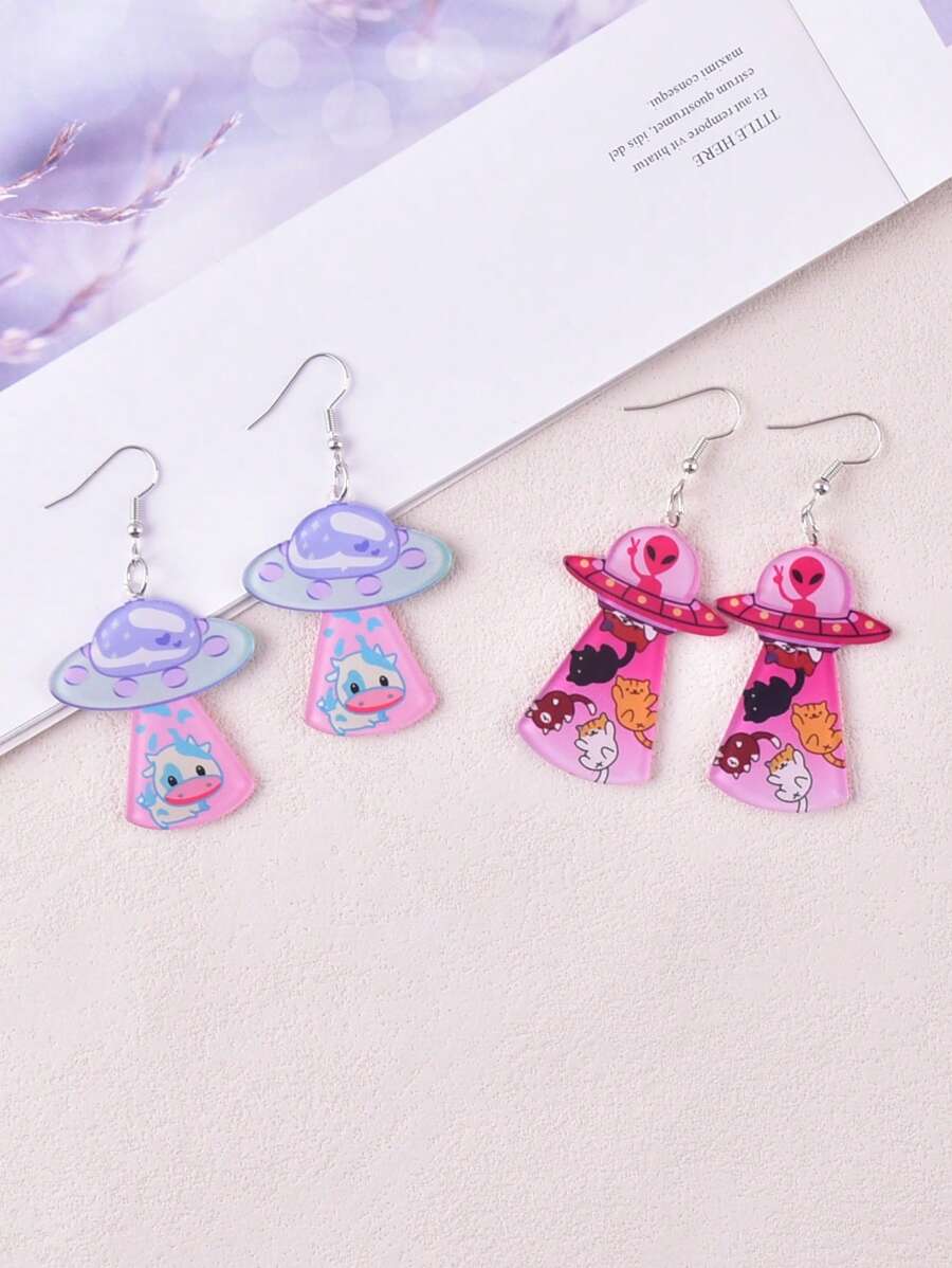 1 Pair Cute Alien/UFO/Cow Spaceship/Cat Spaceship Shaped Dangle Earrings, Party Jewelry Decor For Women