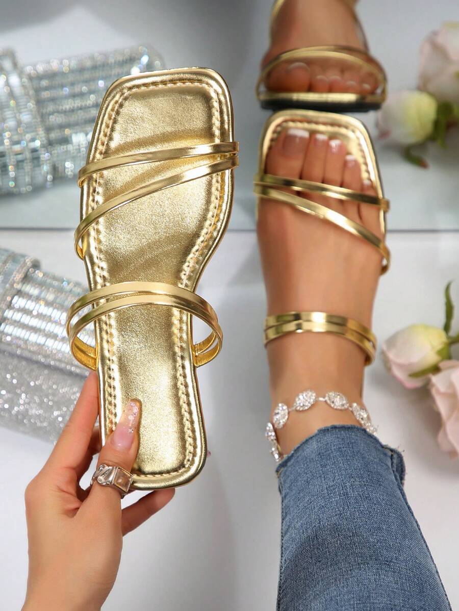 Women's Fashion Square Toe Multi-Strap Woven Flat Sandals, Suitable For Shopping, Dating, Vacation, Home Leisure, Commuting, Party In Summer/Autumn