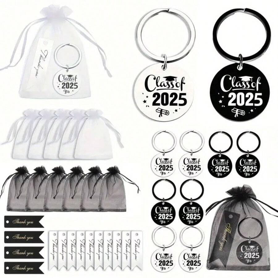 10 Sets Of 2025 Graduation Season Stainless Steel Keychain Friends Gifts With Candy Chocolate Snack Bags Thanks Tags Event Decoration Supplies