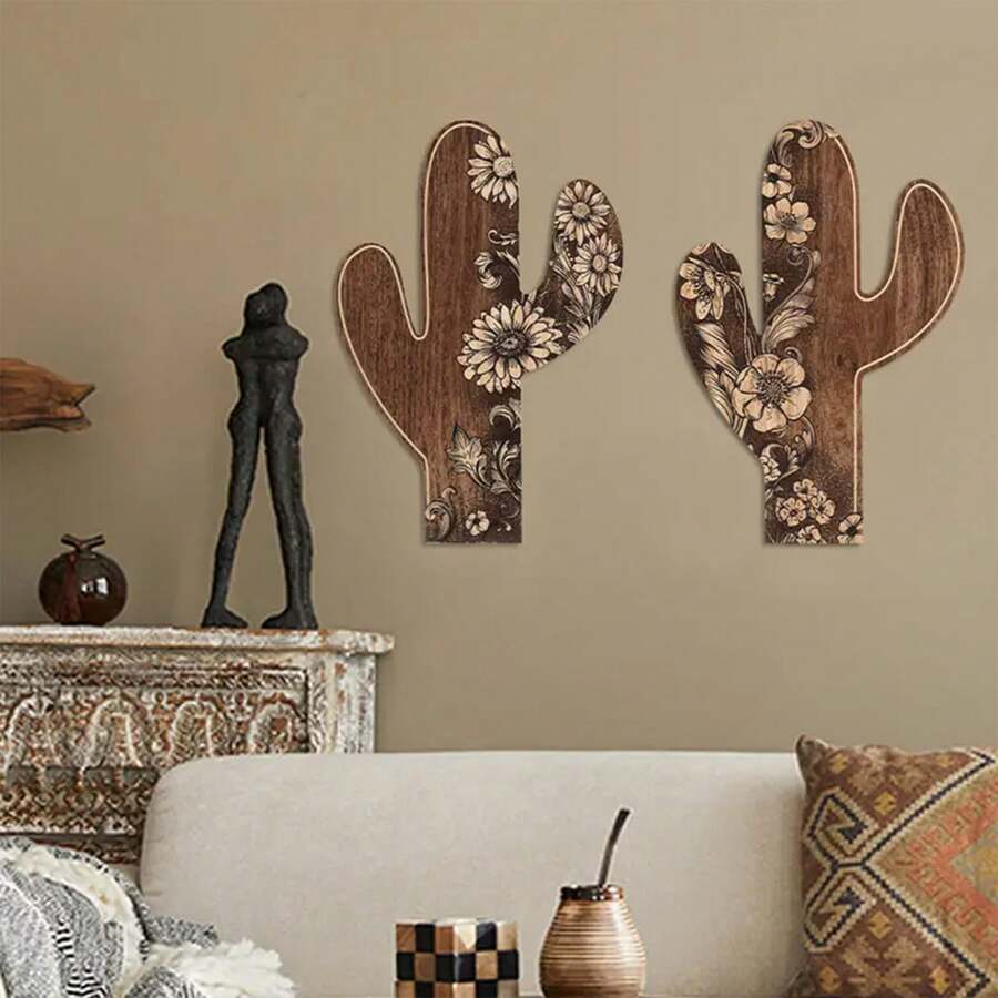 2pcs Putuo Decor Cactus Shaped Sign, Mexico Style Dark Wooden Wall Decoration, Suitable For Home Farmhouse Coffee Shop, 15.7 X 10.6 Inches,Home Decor ,Room Decor,Wall Decor Gifts Birthday Graduation
