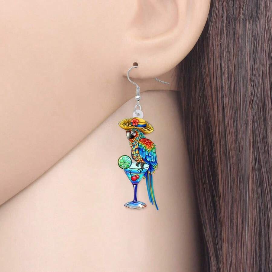1 Paar bunte Papagei-Design Ohrringe mit Weinglas, Sommerschmuck für Frauen, geeignet für Partys, Urlaub und den Alltag