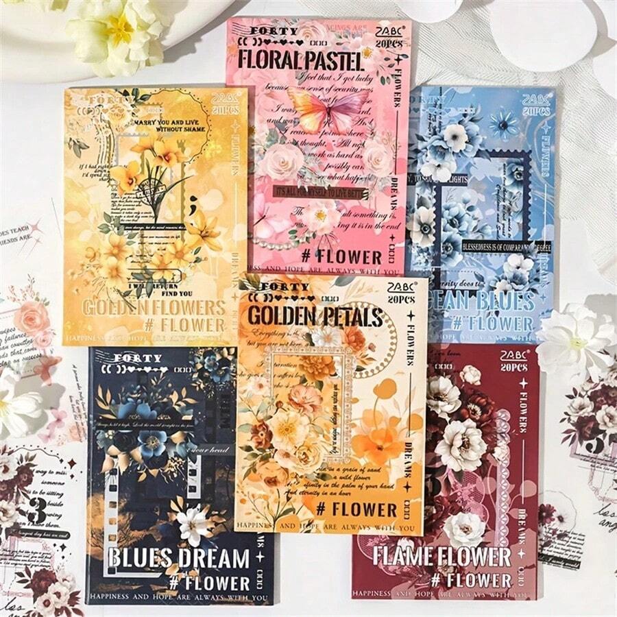 20 Sheets Floral Dream Sticker Book - Dual-Material PET & Washi Stickers, Vibrant Flower Designs For DIY Journal, Scrapbook, Laptop, Water Bottle & Skateboard, Matte Finish, Self-Adhesive, Scrapbook Stickers