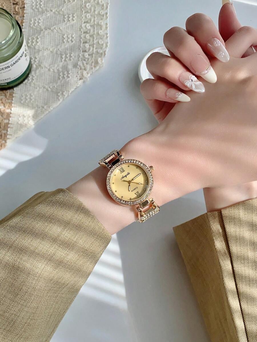 1pc Women Round Elegant Glamorous Quartz Watch, Versatile For Daily Wear Or Gatherings Halloween, Gifts
