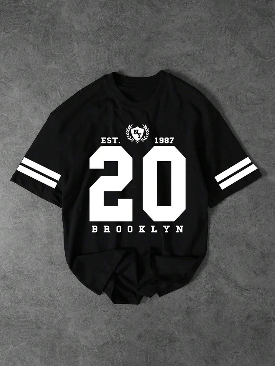 Shwiy Men's Casual Numeric 20 Printed Short Sleeve Tee, Minimalist New York Typography, Black Color, Suitable For Everyday Wear
