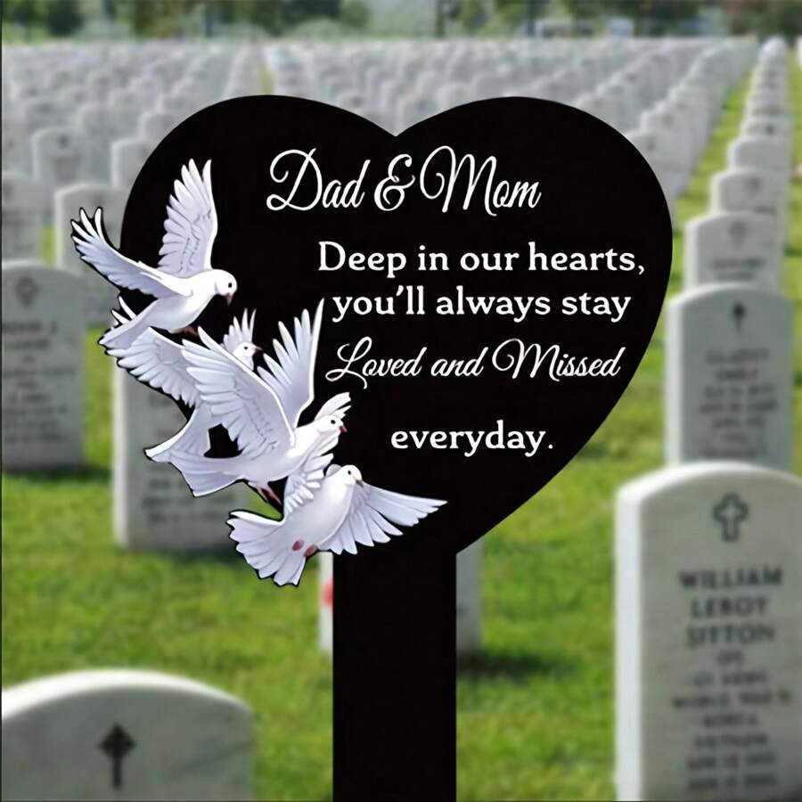 Heartfelt Acrylic Memorial Tombstone For Parents Weatherproof Outdoor Cemetery Marker With Angelic Doves Design, Ideal For Mourning Garden & Easter Decor
