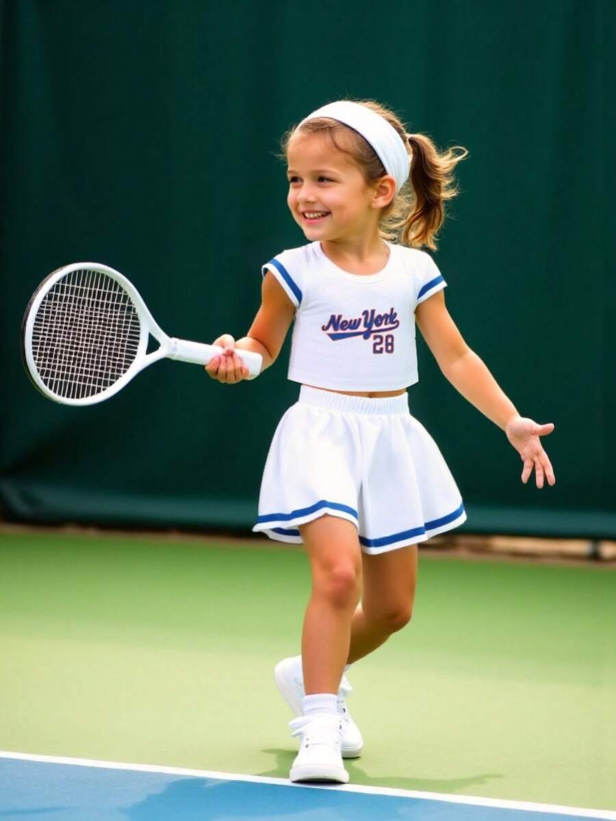 NEW YORK Print Girls Athleisure Set, Breathable Sports T-Shirt + Short Skirt Set Preppy Tennis Suit For Summer Outdoor Outdoor