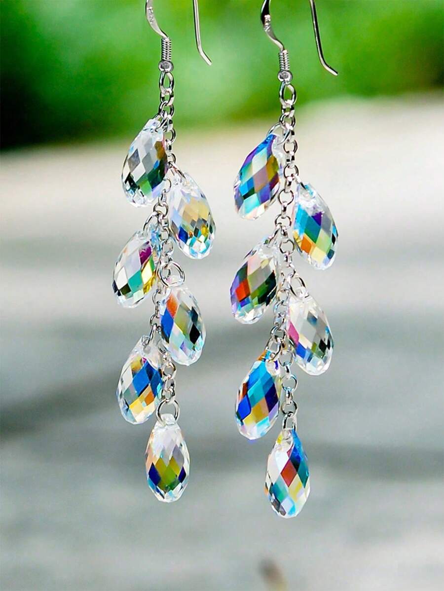 1pair Women's Waterproof Ab Crystal Waterdrop Fringe Earrings