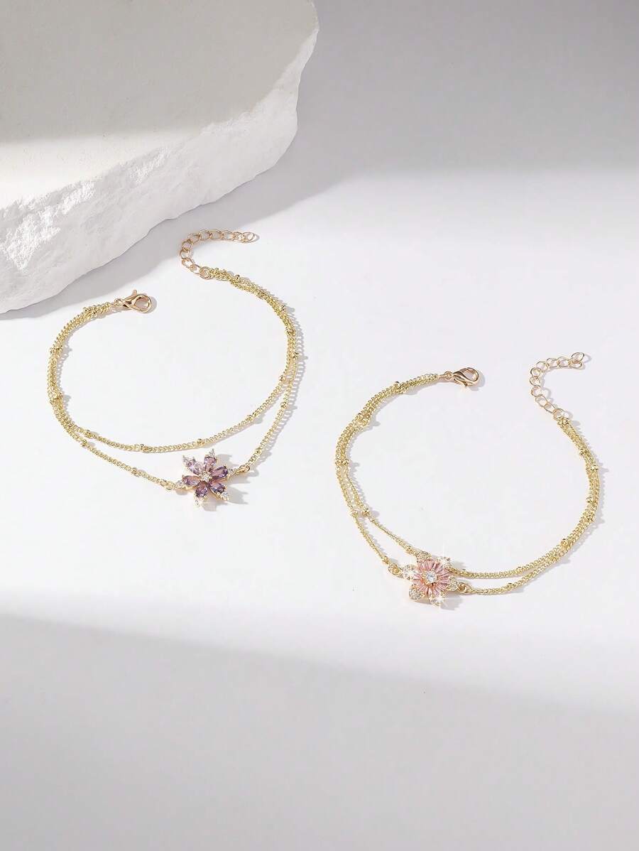 1 peça pingente minimalista brilhante de zircônia cúbica colorida com 6 pétalas de flor e pulseira de corrente multicamadas para mulheres e meninas