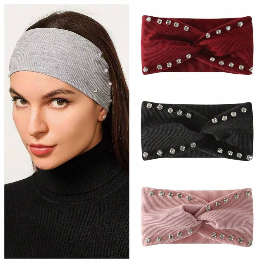 1 Stück/3 Stück zufälliges 3-Farben Stirnband mit breitem Strass-Besatz - sportlich, Yoga, schweißableitend, modisch-lässiges Stirnband, Mode-Haaraccessoires, klassische Haarbänder