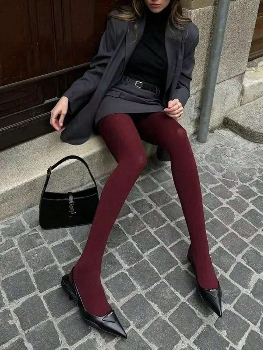 1 par de medias de terciopelo rojo burdeos con estilo retro, mallas ajustadas para uso externo, adelgazantes, versátiles, pantimedia de uso diario