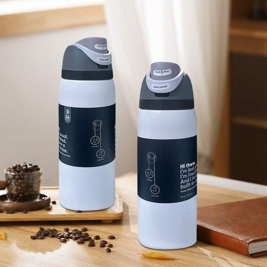 Botella de agua de acero inoxidable con aislamiento blanco y pajita para deportes, viajes y escuela, 945 ml