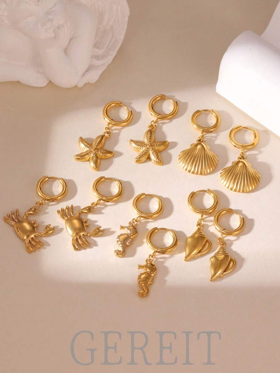 2pcs 18K Gold Stainless Steel Ocean Elements Starfish Crab Shell Stud Earrings, Fashion Color-Preserving Earrings Suitable For Women's Daily Wear And Gift