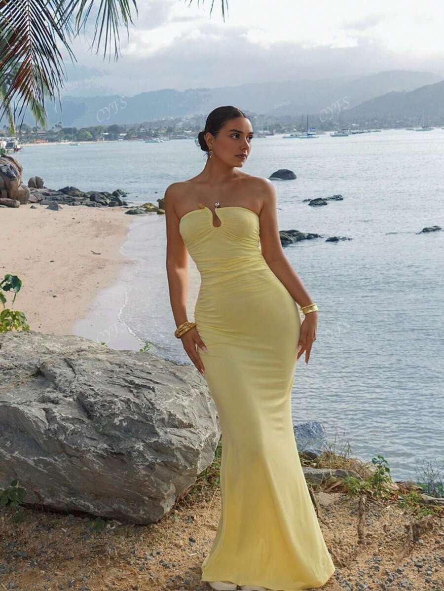 Women's Solid Color Metal Buckle Decor Casual Vacation Sexy Bandeau Dress