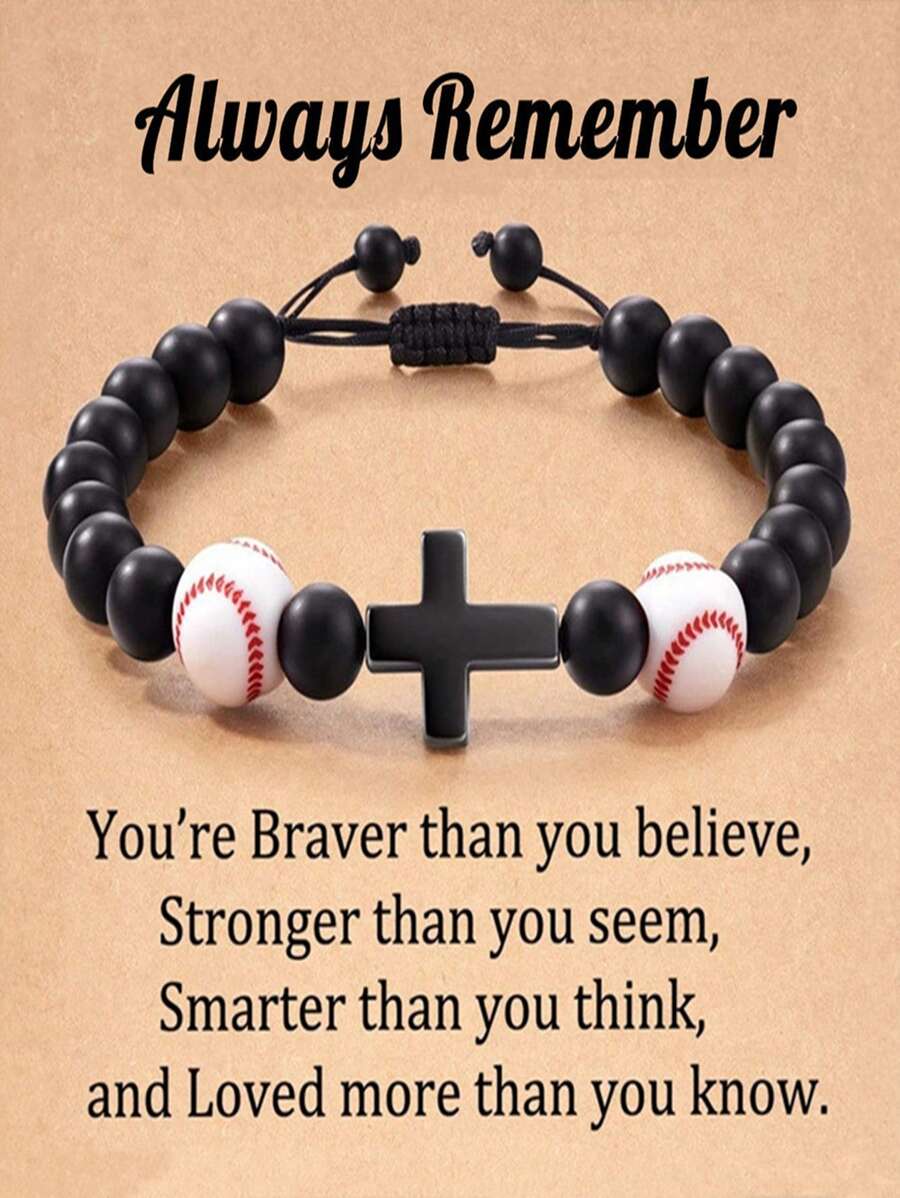 1 pieza Pulsera con cuentas con diseño de béisbol y tarjeta de bendición, pulsera con dije de cruz