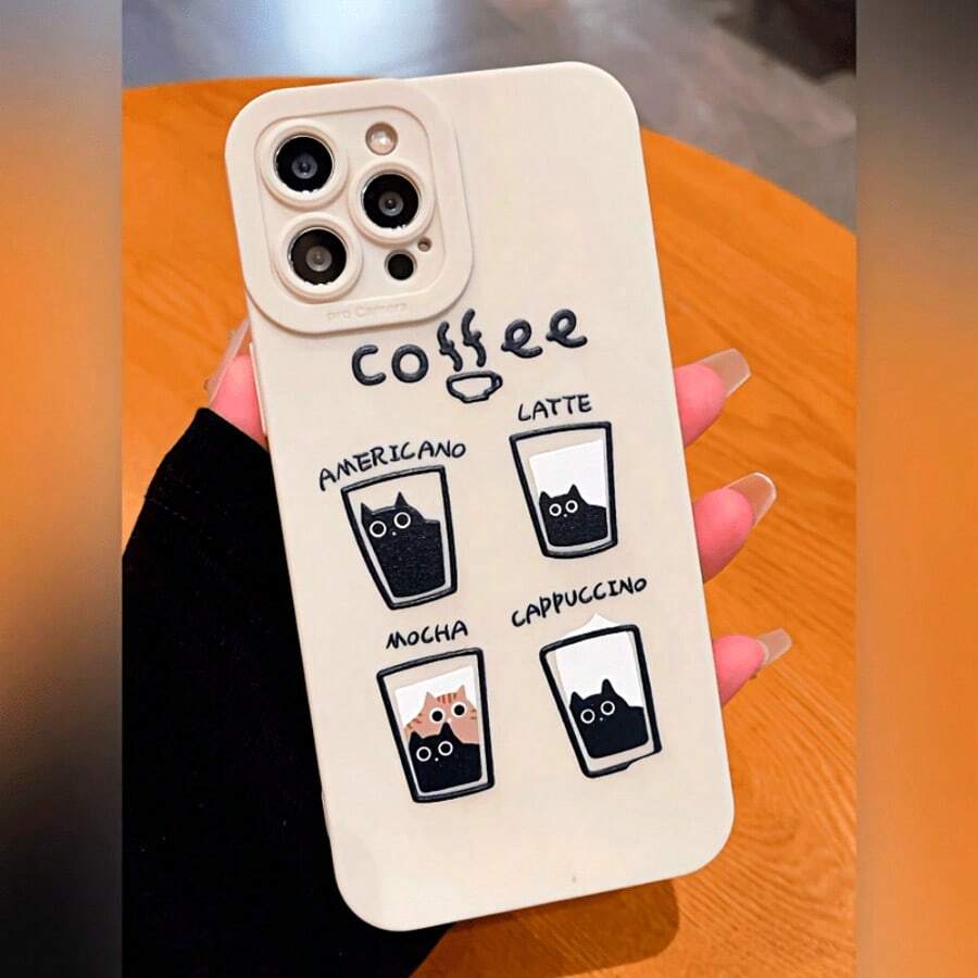 1pc Matte White TPU Soft Silicone Creative Cat Coffee Design Protective Phone Case, Comfortable Hand Feel, Suitable For Outdoor Parties And Photography, Fits 16 Pro Max/16/15/14/13/12/12/11, S25/S24/S23/S22/S21, Ideal Gift For Easter, Christmas, Birthday For Boyfriend/Girlfriend/Family/Friends