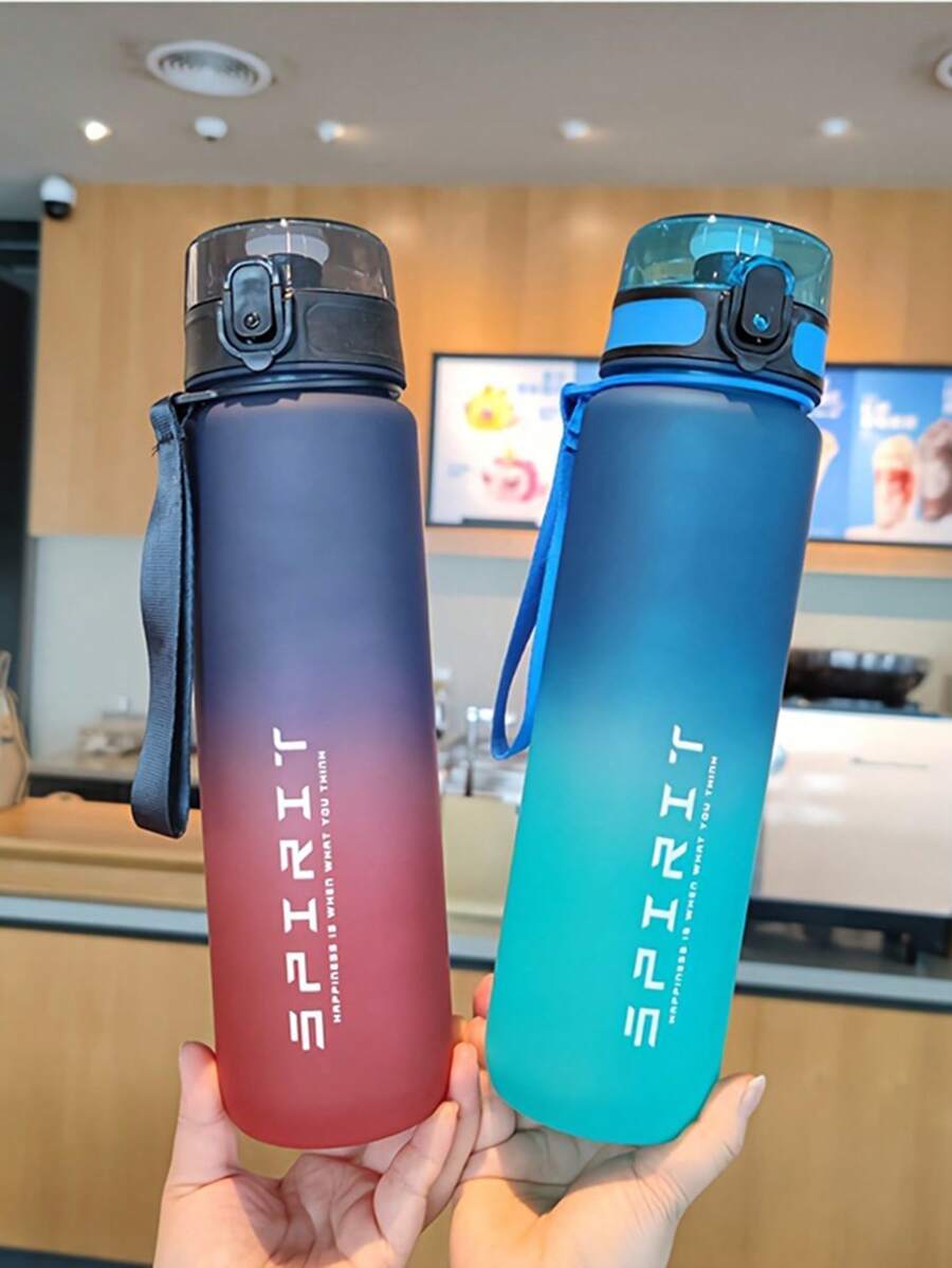 1pc, Large Capacity Frosted Gradient Color Fashion Sports Water Bottle Portable Outdoor Plastic 1000ml Water Bottle With Rope