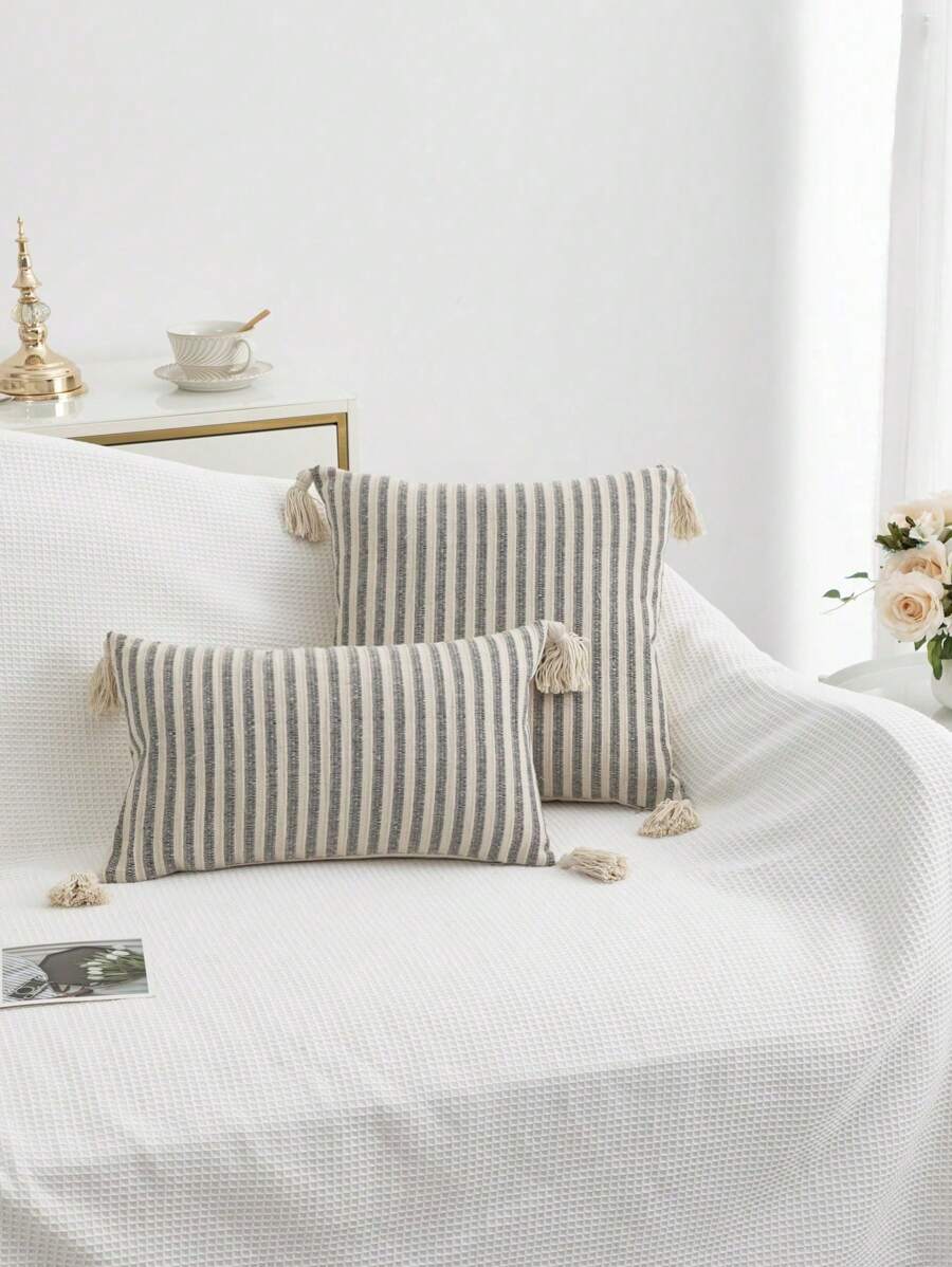 1 pieza/2 piezas Fundas de cojín con estampado de rayas grises y blancas, de tela de lona de algodón, con diseño de flecos en las cuatro esquinas, efecto bicolor, estilo nórdico para sala de estar, sofá, dormitorio, 30*50cm, 45*45cm