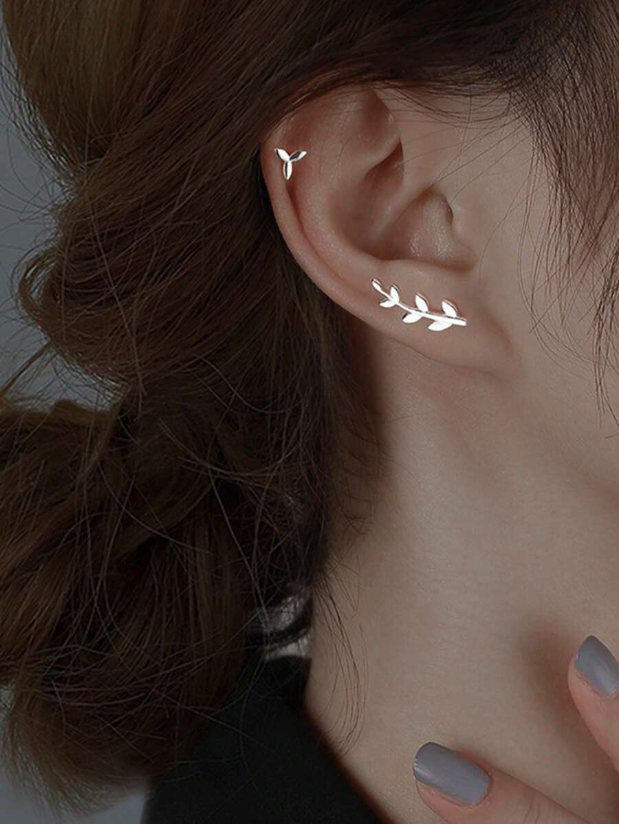 1 Paio di orecchini a perno in argento 925 con foglia e ramoscello asimmetrico per donna, con custodia regalo delicata