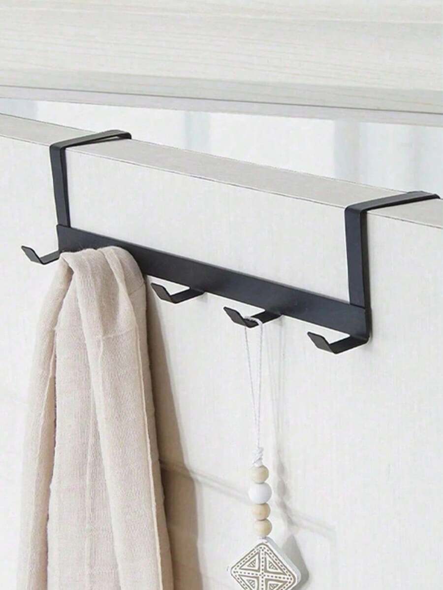 1pc Black Ferric Door Rear Hook, Large Load-Bearing Five Row Door Bag Hook, Non Perforated Clothes And Hat Storage Rack Decorations Autumn Decor Festival Decor Room Decor Home Decor Fall Decor Bedroom Decor