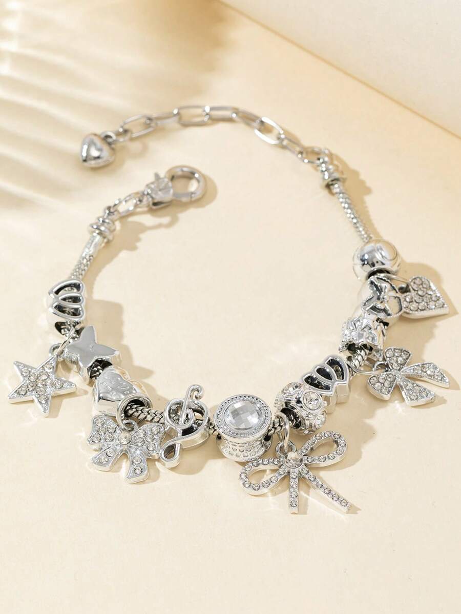 1pc Fashion Luxury Love Bow Flower Bear Crown Bead Bracelet Multi Element Copper Fashion Jewelry For Women, Suitable As Gift For Ladies, Bars, Nightclubs, Traveling, Parties, Casual Everyday Wear