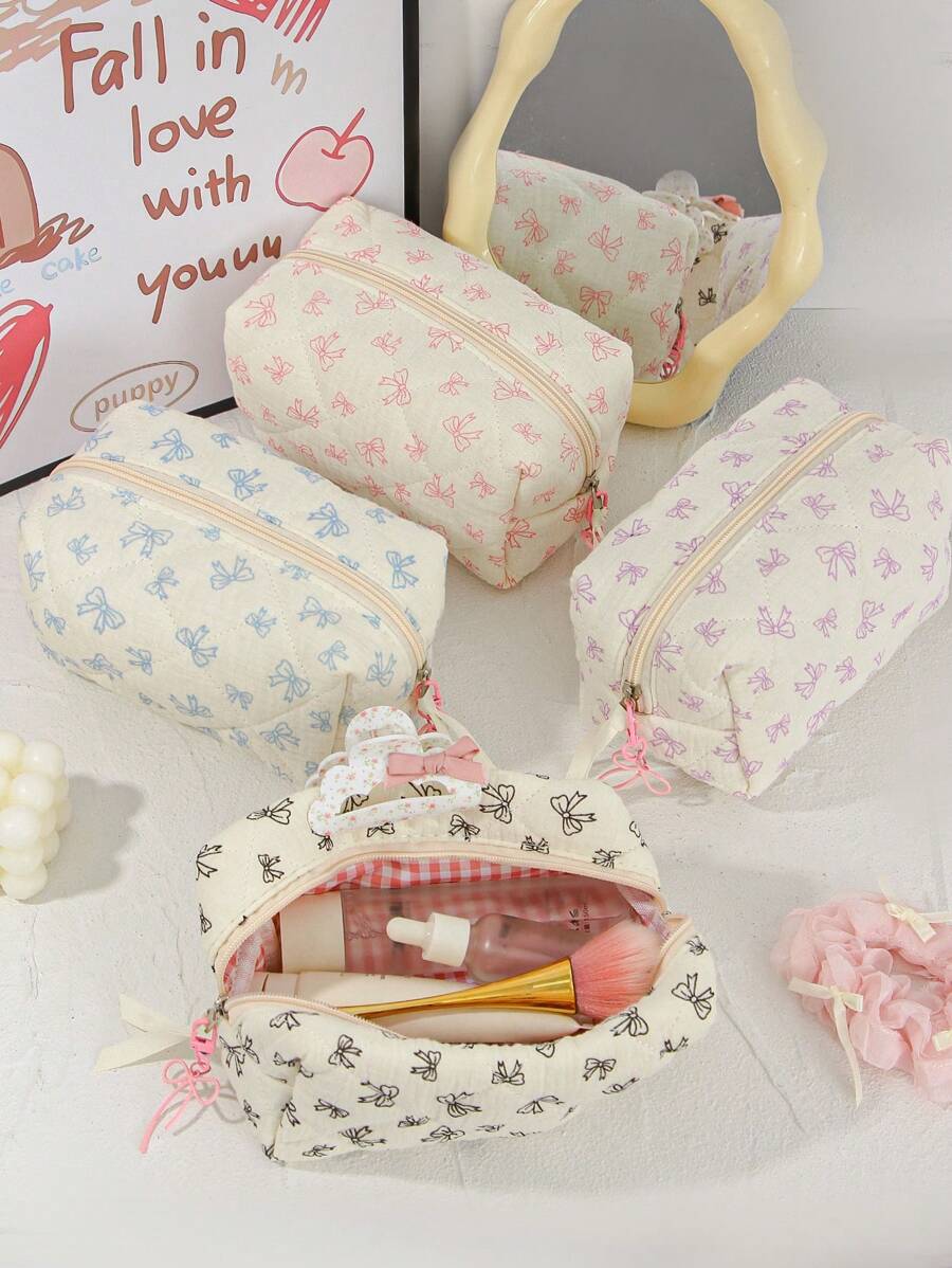 1Piece Quilted Handle Makeup Bag Small Quilted Cosmetic Bag Cute Bow Design Makeup Pouch Makeup Bag Aesthetic Travel Toiletry Bag Organizer Makeup Brushes Storage Bag For Women Bow Pencil Case For Makeup Pouch Skincare Bag Bag For School School Accessories School Stuff