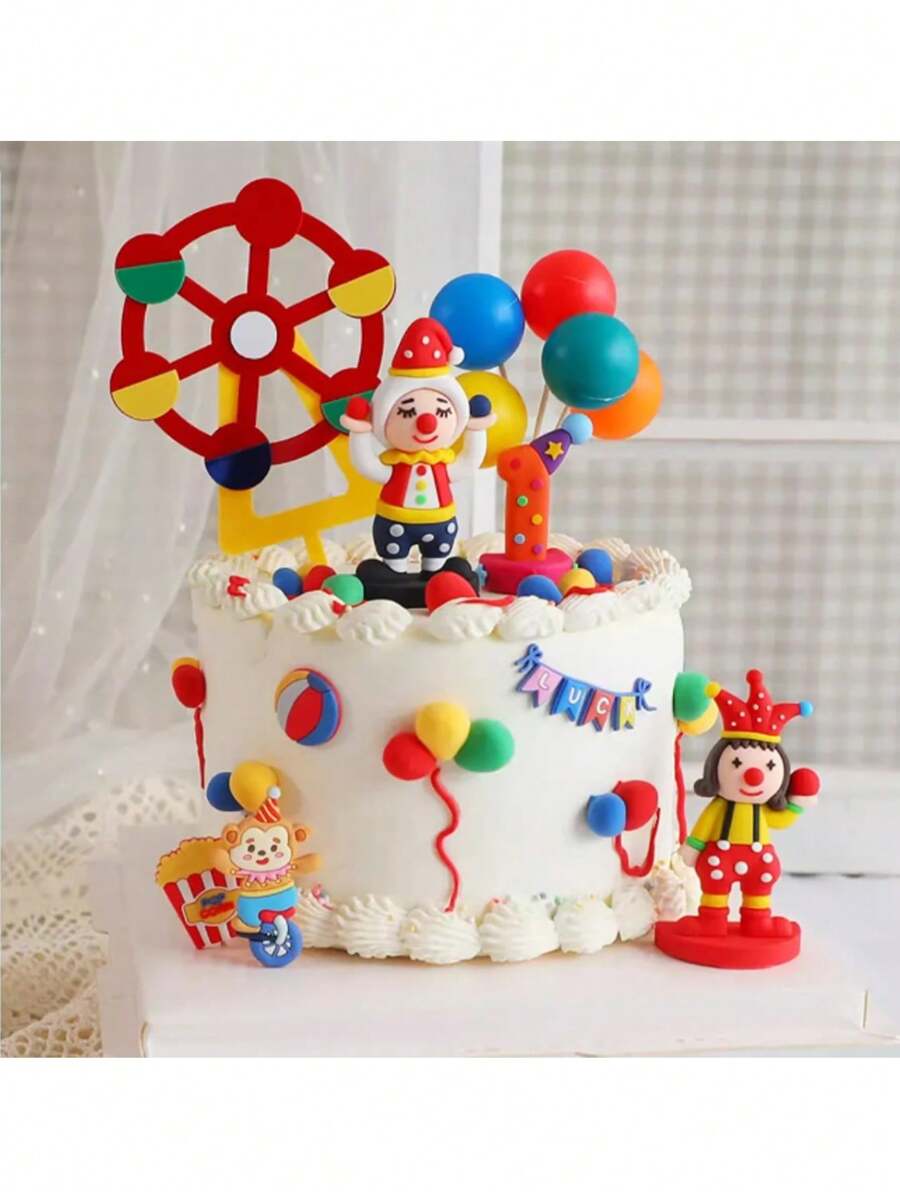 1/4/6pcs,Circus Theme Cake Topper Clown Jester Circus Animal Lion Elephant For 1st Happy Birthday Party Cake Decoration