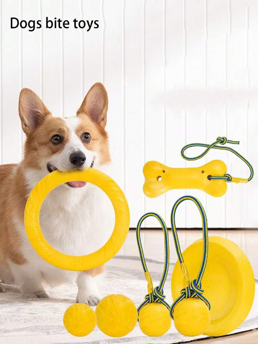 1pc Yellow Dog Chew Toy, Durable Multifunctional Bone Shaped EVA Material With Pull Rope Toy, Pet Ball Shaped Toy, Ball Shaped Toy With Pull Rope, Dog Chew Pull Ring Toy, Dog Toy, Ideal For Training, Retrieval And Swimming Activities; Perfect For Energetic Chewers
