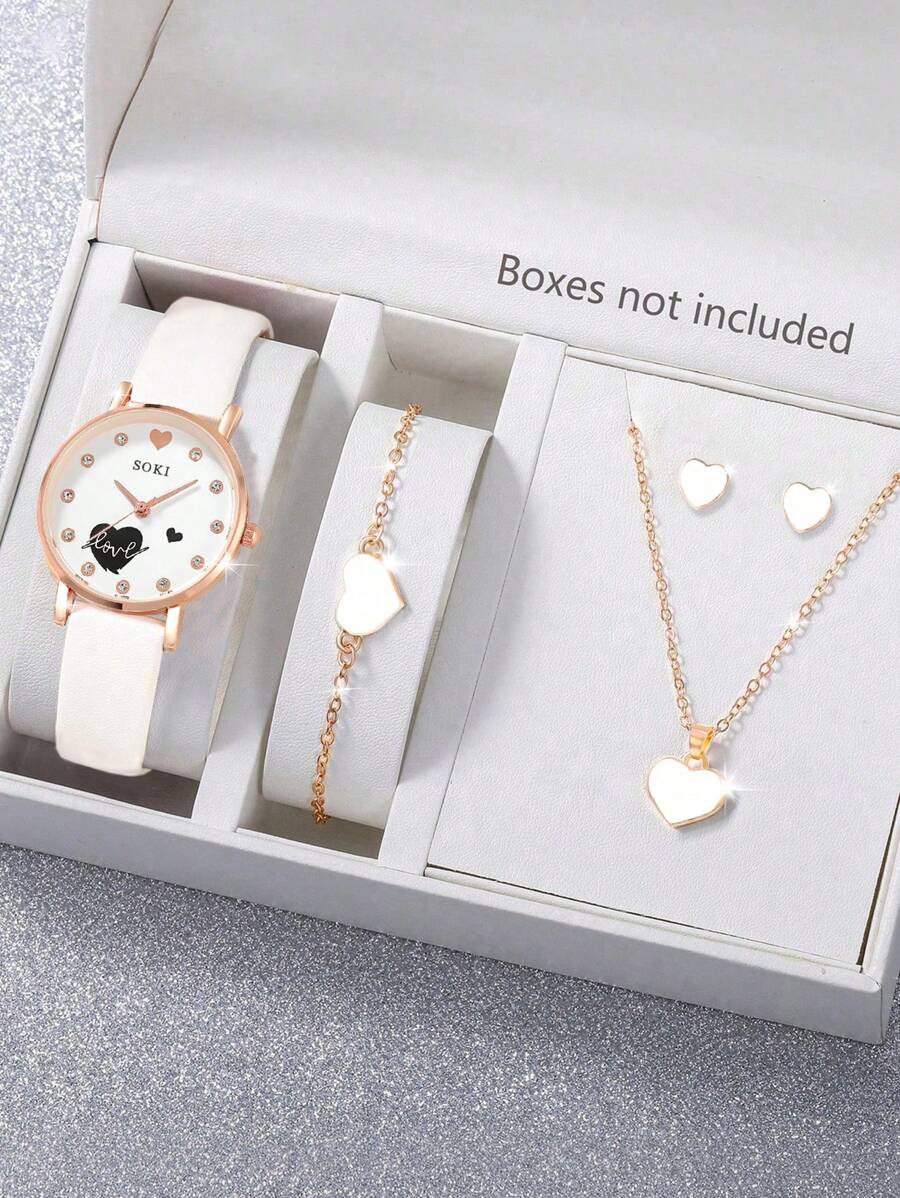 SOKI SOKI 5pcs/Set Ladies Watch Women PU Strap Casual Quartz Watch And Heart Necklace Earrings Bracelet Jewelry Set Suitable For Daily Wear, Back-To-School Season, Graduation Season, Thanksgiving, Couples, The Best Gifts Watch Box Not Included