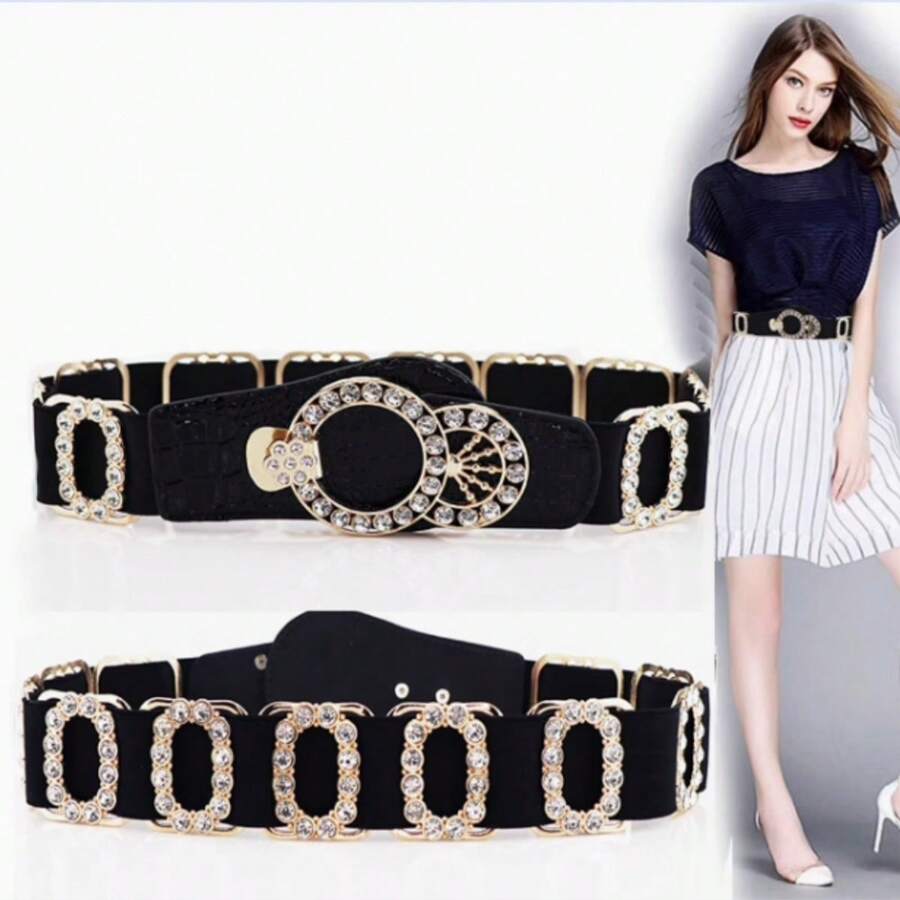 1pc Bohemian Style Solid Color Casual Elegant Cute Party Palace Waist Belt With Elastic Band And Rhinestone Decoration, All Season