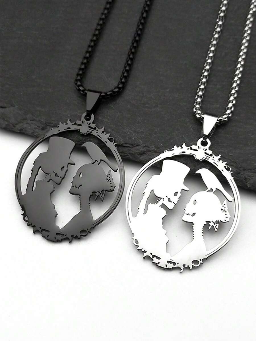 Gothic Braut und Bräutigam Edelstahl Schädel Krähen Anhänger Halskette für Frauen Männer Schwarzer Fotokarten Rahmen Paar Schmuck Party Geschenk