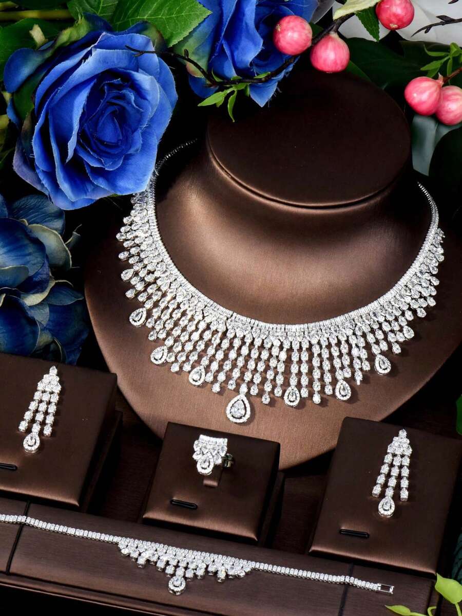1 Set Luxurious Cubic Zirconia Tassel Jewelry Set, Suitable For Women Wedding Accessories