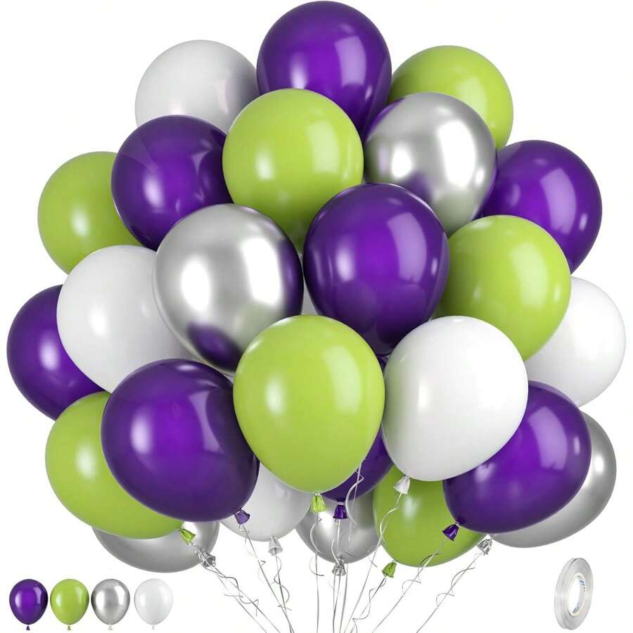 Set de 123 piezas/50 piezas de arco de guirnalda de globos Buzz con globos de látex morados, verdes y plateados de 10" y 5", y globos de lámina de cohete y estrella, perfecto para decoraciones de fiesta de cumpleaños con tema de inspiración