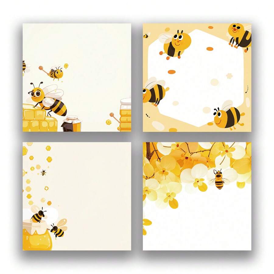 4pcs/Set Cute Bee Design 3x3 Inch Memo Pad, Adorable Cartoon Sticky Notes With Strong Adhesive, Reusable Tearable Pads For Journal, Planner, Office, School, Home, Stationery Gift,School Supplies,Back To School