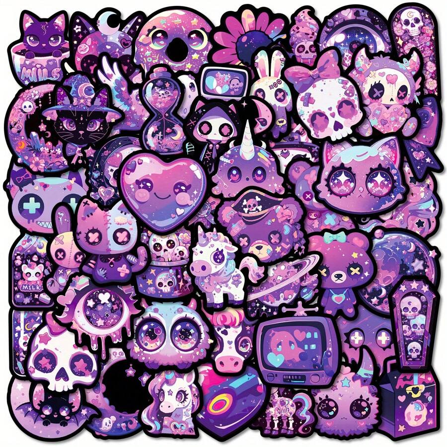 50pcs Gothic Style Dark Purple Cartoon Graffiti Stickers Suitable For DIY Skateboards Luggage Helmets Notebook Stickers