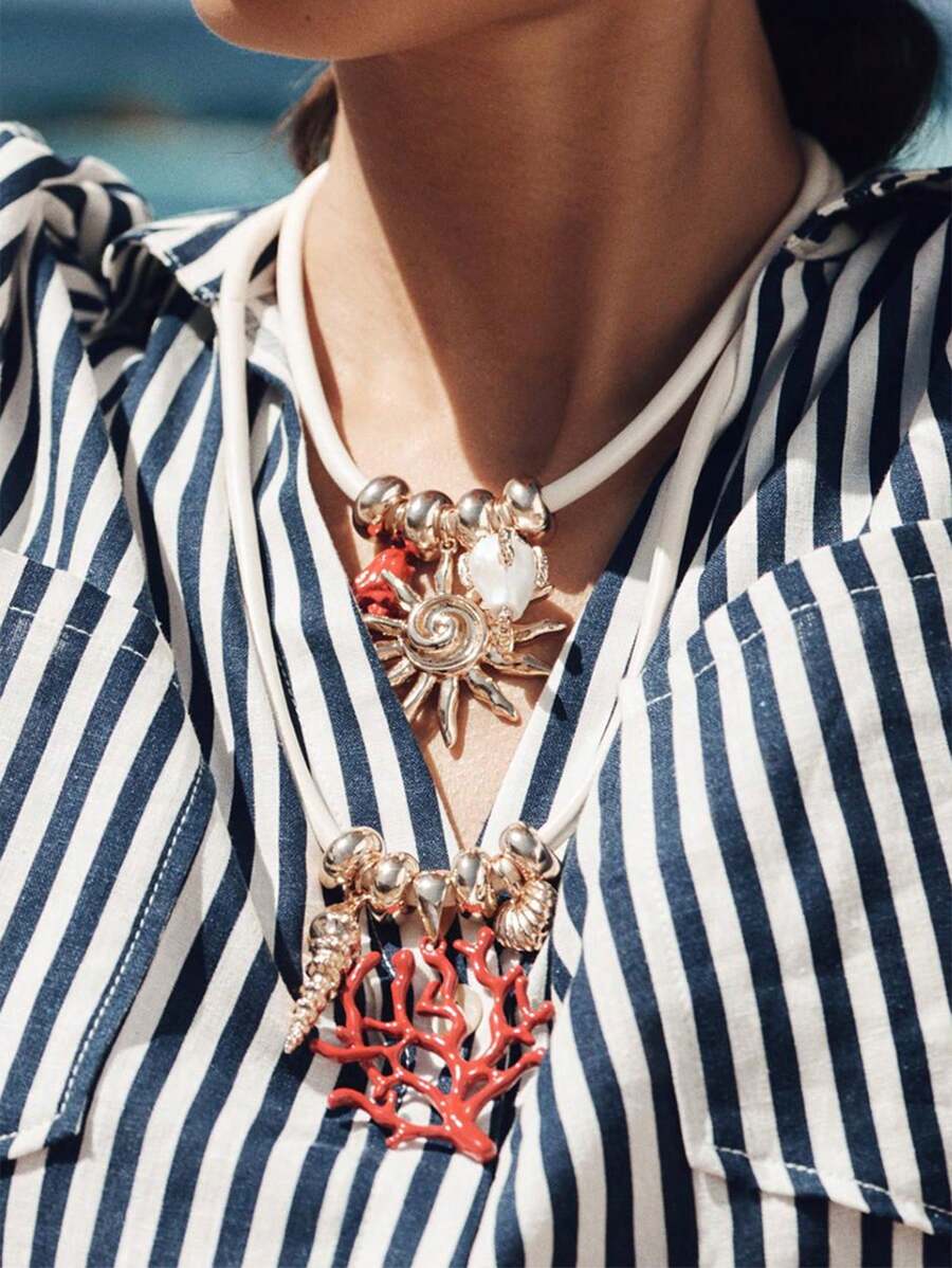 1pc Luxurious High-End Design Ocean Vacation Style Alloy Coral Faux Pearl Pendant Double Layer Leather Cord Necklace For Women, Versatile