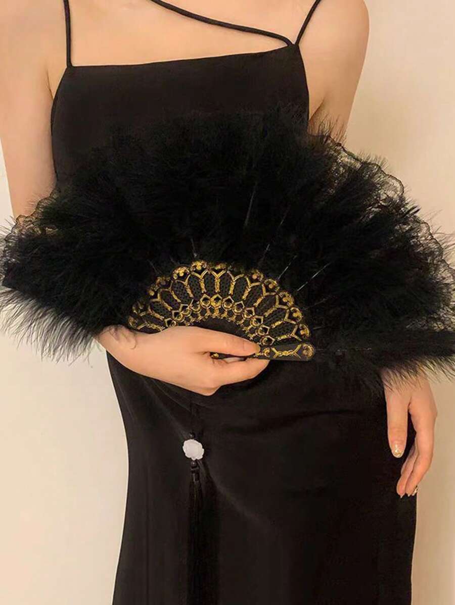 1pc Women Retro Feather Lace Folding Fan, Classical Dance Cheongsam Prop, Stage Performance Hand Held Fan For Costume Party