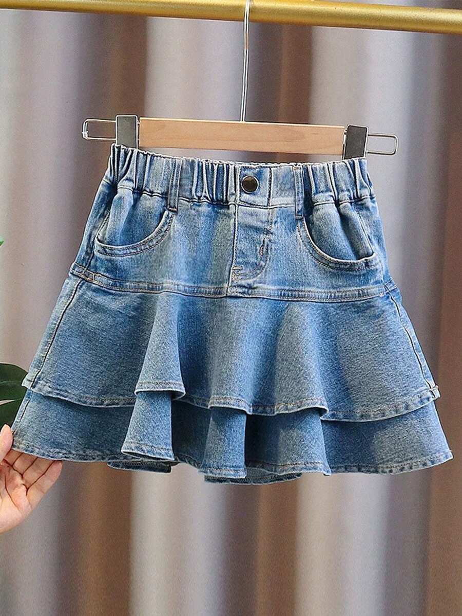 Tween Girls' Summer Versatile Denim Mini Skirt, Fashionable For Summer
